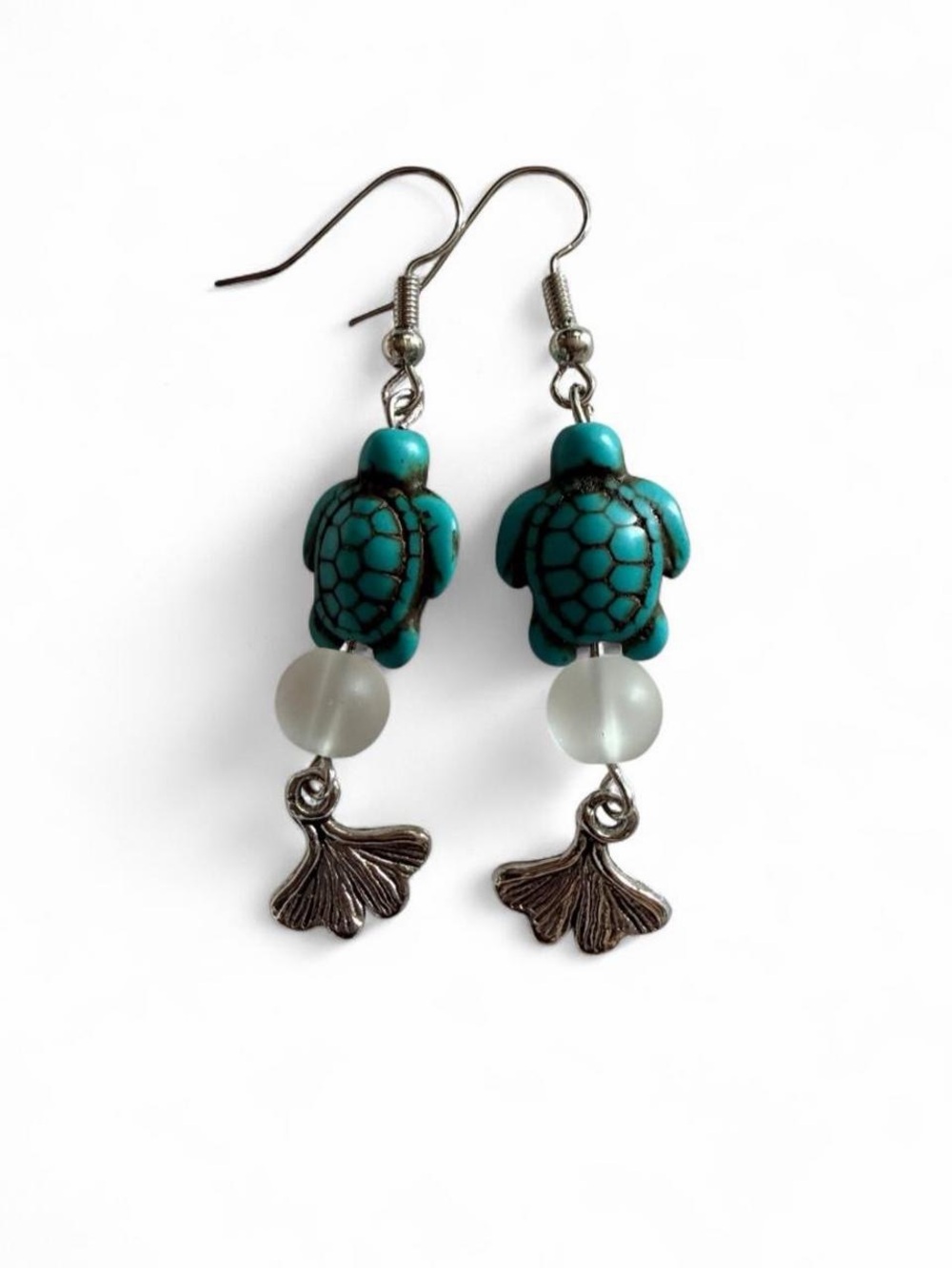 Handmade Turquoise Sea Turtle & Ginkgo Leaf Earrings Boho